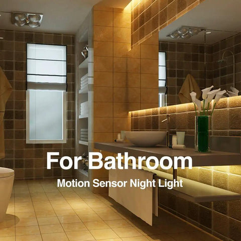 Bathroom with Motion Activated Bed Light With Flexible LED Strip illuminating shelves and vanity, Motion Sensor Night Light For Bedroom, Auto Shut Off Timer, Warm Soft Glow, Energy Saving Bedside Lamp For Late Night Trips And Safe Nighttime Navigation.
