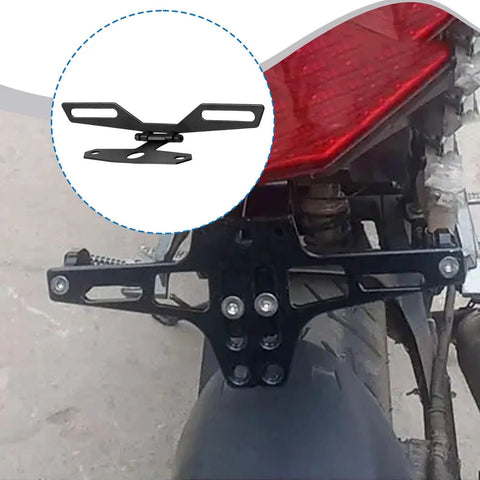 Close-up of Ride Ready Foldable Aluminum Plate Holder For Motorcycle With Rear Light Bracket Universal Mount installed