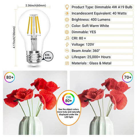 Dimmable Edison LED Filament Bulb 4W 470 Lumens, A19 E26 Base, Soft Warm White 3000K, product specifications and CRI comparison