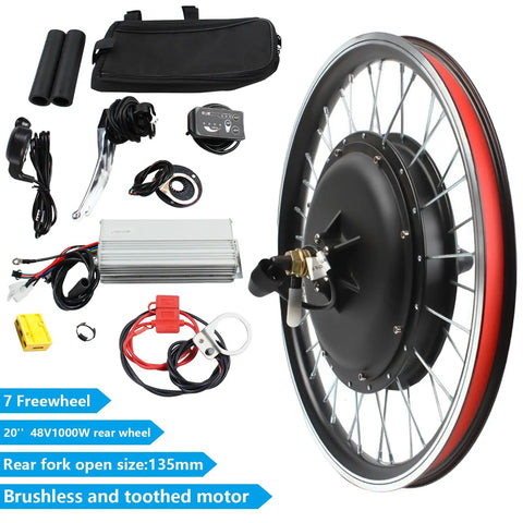 Powerful 48V 1000W Rear Wheel Electric Bike Conversion Kit for 20 Inch Mountain Bikes with components displayed
