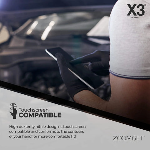 AMMEX X3 black nitrile disposable gloves, 3 mil, textured, X-Large, touchscreen-compatible, box of 100