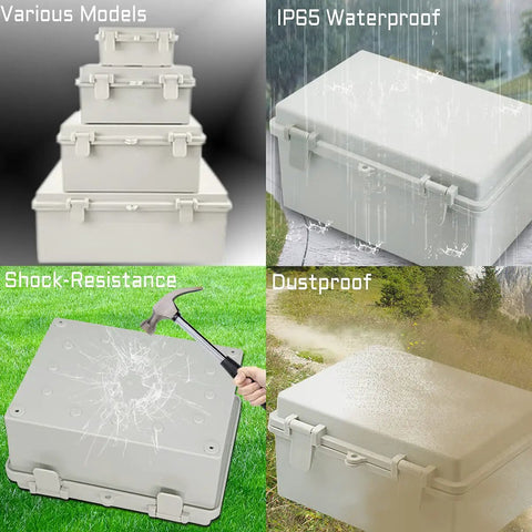 Outdoor IP65 Waterproof Heavy Duty Junction Box ABS Plastic Built Tough With Hinged Lid Dustproof Weatherproof Electrical Enclosure Universal Project Box 8.7 by 6.7 by 4.3 Inches Gray in various models showing waterproof, dustproof, and shock-resistant features.