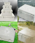 IP65 Waterproof ABS Junction Box With Hinged Lid Built Tough For Outdoor Electrical Projects, Dustproof Enclosure, 2 Cable Glands, 5.9x5.9x3.5 Inch, 150x150x90 Millimeters, Gray shown in stack, rain, impact, and dust tests