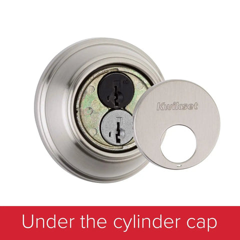 Key Control Deadbolt Lock With SmartKey Security And Microban Protection, close-up of cylinder in Satin Nickel finish
