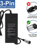 42V 2A 3 Pin XLR Charger For 36V Lithium Ebikes And Electric Scooters with universal 100 240V AC input, showing connectors.