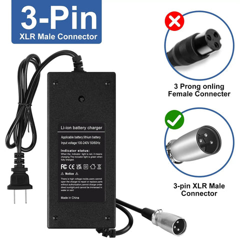 42V 2A Charger With Male 3 Pin XLR Connector For 36V Lithium Battery Packs Fast Reliable Wall Mount Power Adapter Works With E300 Mini Dirt MX650 MX500 MX650 GT750 S1000 S600 Ezip E1000 GoGo And Similar 36V Ride On Batteries