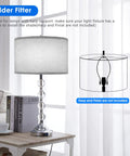 Drum Lamp Shades Set Of 2 For Table And Floor Lamps Top And Bottom 12.6 Inches 8 Inches High Linen Beige Spider Fitter Easy Setup Replacement Shades For Your Home Or Office shown on table lamp with instruction diagram.