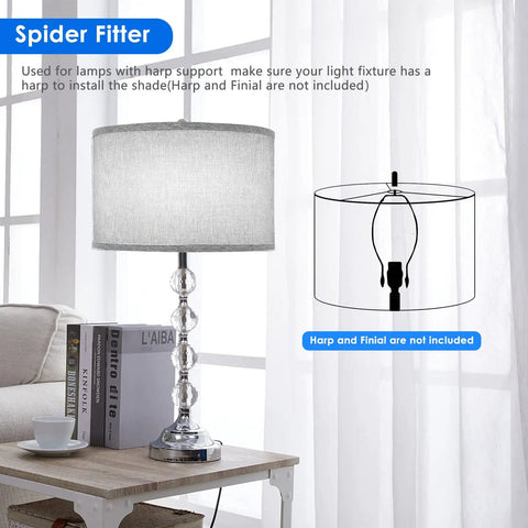 Drum Lamp Shades Set Of 2 For Table And Floor Lamps Top And Bottom 12.6 Inches 8 Inches High Linen Beige Spider Fitter Easy Setup Replacement Shades For Your Home Or Office shown on table lamp with instruction diagram.