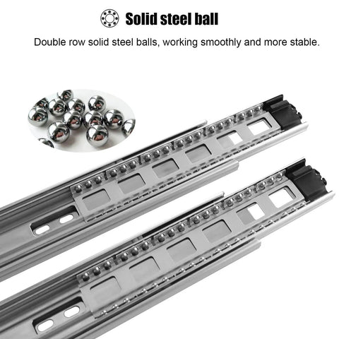 Close-up of Five Pairs Of 22 Inch Full Extension Drawer Slides With 100 Lb Capacity Side Mount Rails, showing solid steel ball bearings