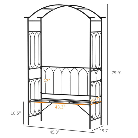Metal Trellis Arbor Arch With Built In Garden Bench For Climbing Plants And Vines, patio decor, black finish, dimensions shown