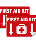 Front view: two red vinyl First Aid Kit decals, 10 x 7 in, self-adhesive with white text and medical kit icon