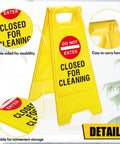 Two Pack Double Sided Closed For Cleaning Floor Signs Bright Yellow Folding Warning Plaques showing easy handle and double-sided visibility.