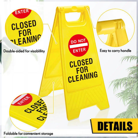 Two Pack Double Sided Closed For Cleaning Floor Signs Bright Yellow Folding Warning Plaques showing easy handle and double-sided visibility.