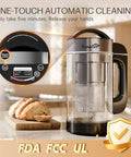 Silvery Built-In Filter 304 Stainless Steel Almond Milk Maker with 50oz capacity, FDA FCC UL certified, next to bread slices.