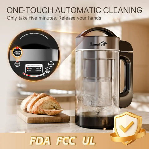 Silvery Built-In Filter 304 Stainless Steel Almond Milk Maker with 50oz capacity, FDA FCC UL certified, next to bread slices.