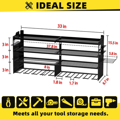 Dimensions of Heavy Duty Wall Mounted Tool Organizer With Eight Cordless Drill Holders, 33x15.5 inch, 4-layer rack.