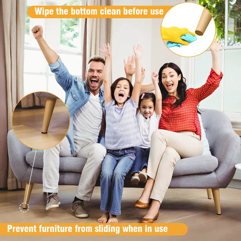 Family on sofa with Oversized Non Slip Furniture Pads For Hardwood Floors 39.4 By 5.9 Inches Cuttable Self Adhesive Peel And Stick Floor Protectors on legs