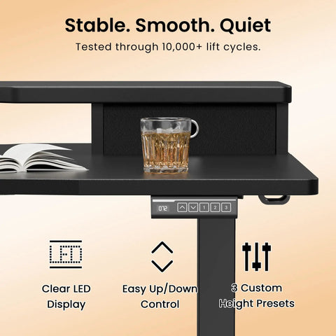 Close-up of Top Shelf Electric Standing Desk 55x26 Inch showing LED display, drink, and drawer, ideal for home office workspace.