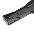 Side view of a black Zip Tie Gun And Cable Tie Install Tool With Adjustable Tension No Fuss Built In Cutter For Easy Cable Management.