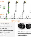 Lit Smart Outdoor Spotlight Kit 4 Pack 12V Low Voltage Landscape Lights With App Control diagram showing connectors and stakes.