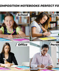 100 Pack Wide Ruled Composition Notebooks With Hard Covers used for school, college, office, and personal purposes displayed in use.