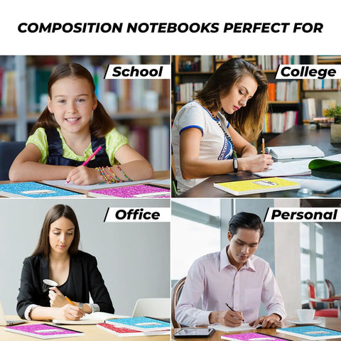 100 Pack Wide Ruled Composition Notebooks With Hard Covers used for school, college, office, and personal purposes displayed in use.