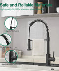 Top Shelf Hella Tough Black Spring Kitchen Faucet Pull Down Sprayer, matte black SUS304 steel, detailed design, in modern kitchen.