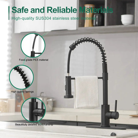 Top Shelf Hella Tough Black Spring Kitchen Faucet Pull Down Sprayer, matte black SUS304 steel, detailed design, in modern kitchen.