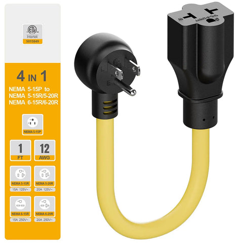 Heavy Duty Four In One NEMA Adapter Cord 12AWG For 5 15P To 5 15R 5 20R 6 15R 6 20R Indoor Outdoor SJTW Extension Cable 15A