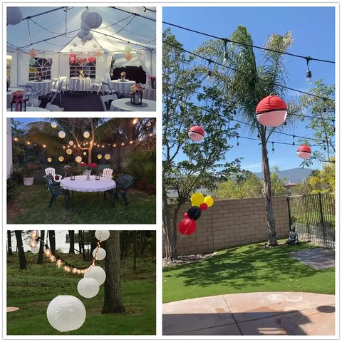 Set Of 24 White Paper Lanterns In Mixed Sizes 4 6 8 10 12 Inches With Metal Frames used for outdoor party decoration.