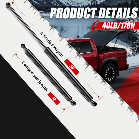 Heavy Duty 36 Inch Gas Struts Rock Solid Lift Support Springs For Tonneau Covers RV Camper Doors, side view with measurement details.