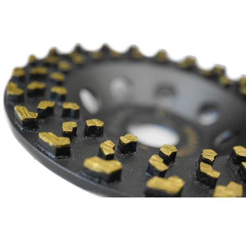 Close-up of a 5 Inch Diamond Cup Grinding Wheel For Concrete And Coatings Removal, Tackling Paint, Epoxy, Glue, And Mastic With CDB Cluster Diamond Brazing Technology