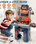 Child playing with Ultimate Kids Tool Bench Set With Realistic Drill And Power Saw For Tiny Builders Aged 3 To 8