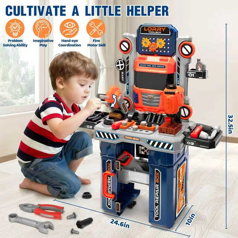 Child playing with Ultimate Kids Tool Bench Set With Realistic Drill And Power Saw For Tiny Builders Aged 3 To 8