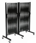 Heavy Duty Expandable Safety Barrier With Smooth Rolling Casters And Flexible Scissor Panels, black folding design for site safety.
