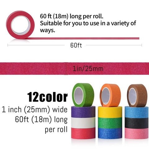Rainbow Masking Tape Set With Twelve Rolls Of Colorful Painter Tape One Inch By Seven Hundred Twenty Feet Each, product and size details.