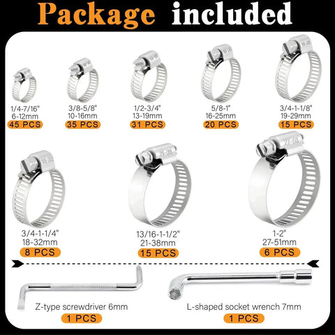 Heavy Duty Stainless Steel Worm Gear Hose Clamps Set, 175-Piece Assortment with sizes and tools displayed