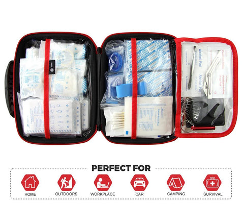 Opened front view of red Compact First Aid Kit (228pcs) in waterproof EVA case.
