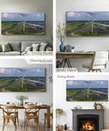 Aerial Dutch River Landscape Dope Wall Art Canvas Print With Wind Turbines Modern Gallery Wall Decor installed in various rooms