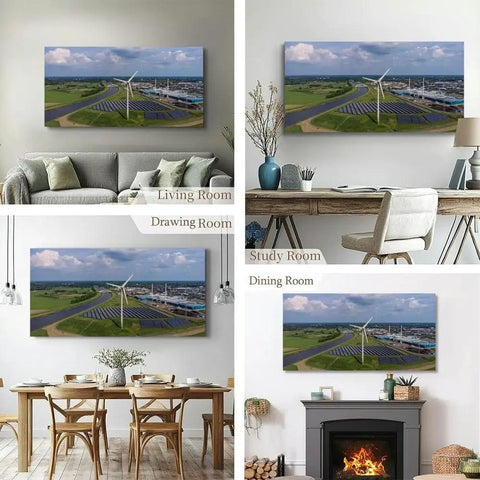 Aerial Dutch River Landscape Dope Wall Art Canvas Print With Wind Turbines Modern Gallery Wall Decor installed in various rooms