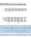 Specification diagram for 12 Tooth Roller Chain Sprocket, ISO 06B, 40mm OD, 8mm Bore, shows dimensions and pitch table.