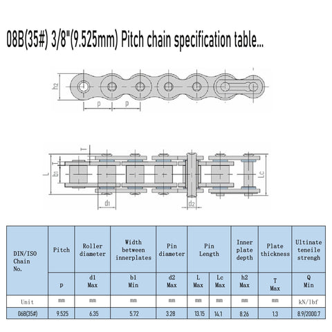 Specification diagram for 12 Tooth Roller Chain Sprocket, ISO 06B, 40mm OD, 8mm Bore, shows dimensions and pitch table.