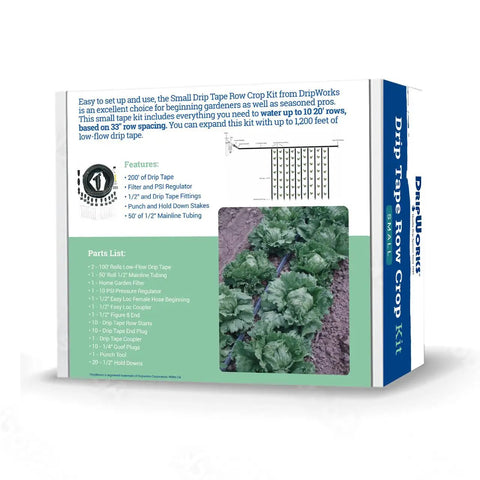Box of Low Flow Drip Tape Irrigation Kit with agricultural grade components for row crops, includes rolls of drip tape and tubing.