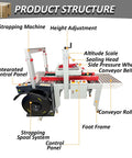 Auto Carton Sealing And Strapping Machine 2-In-1 Industrial Box Packaging Tapper labeled components including control panel and strapping system.