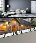 Image showcasing interior living space and exterior home, promoting Pro Grade Siliconized Acrylic Water Based Caulk In Slate Gray.