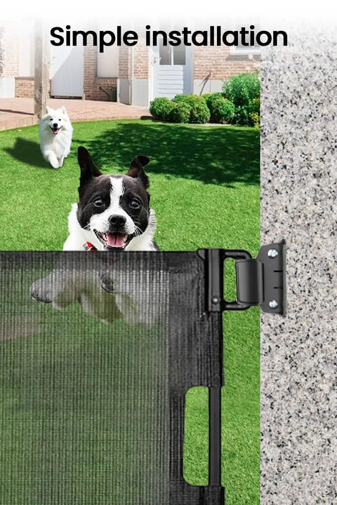 Top Tier Retractable Baby Gate Replacement Kit for 55 Inch Wide by 33 Inch Tall Doorways showing easy installation with pets.