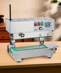 Heavy Duty Continuous Bag Band Sealer Machine With Digital Temp Control And Tough As Nails Stainless Steel Build on table.