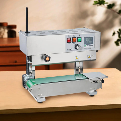 Heavy Duty Continuous Bag Band Sealer Machine With Digital Temp Control And Tough As Nails Stainless Steel Build on table.