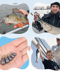 Collage showing 26 Piece Fishing Weights Sinkers Kit With Drop Shot Weights Lead Sinkers For Saltwater And Freshwater Catfish Weights Sinker Assortment In Portable Tackle Box For Bass And More being used for catching fish, held in hand, and by child with catch.