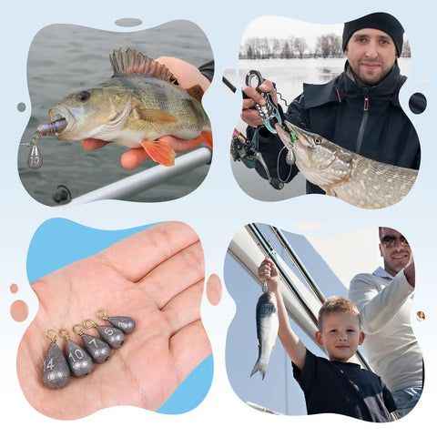 Collage showing 26 Piece Fishing Weights Sinkers Kit With Drop Shot Weights Lead Sinkers For Saltwater And Freshwater Catfish Weights Sinker Assortment In Portable Tackle Box For Bass And More being used for catching fish, held in hand, and by child with catch.